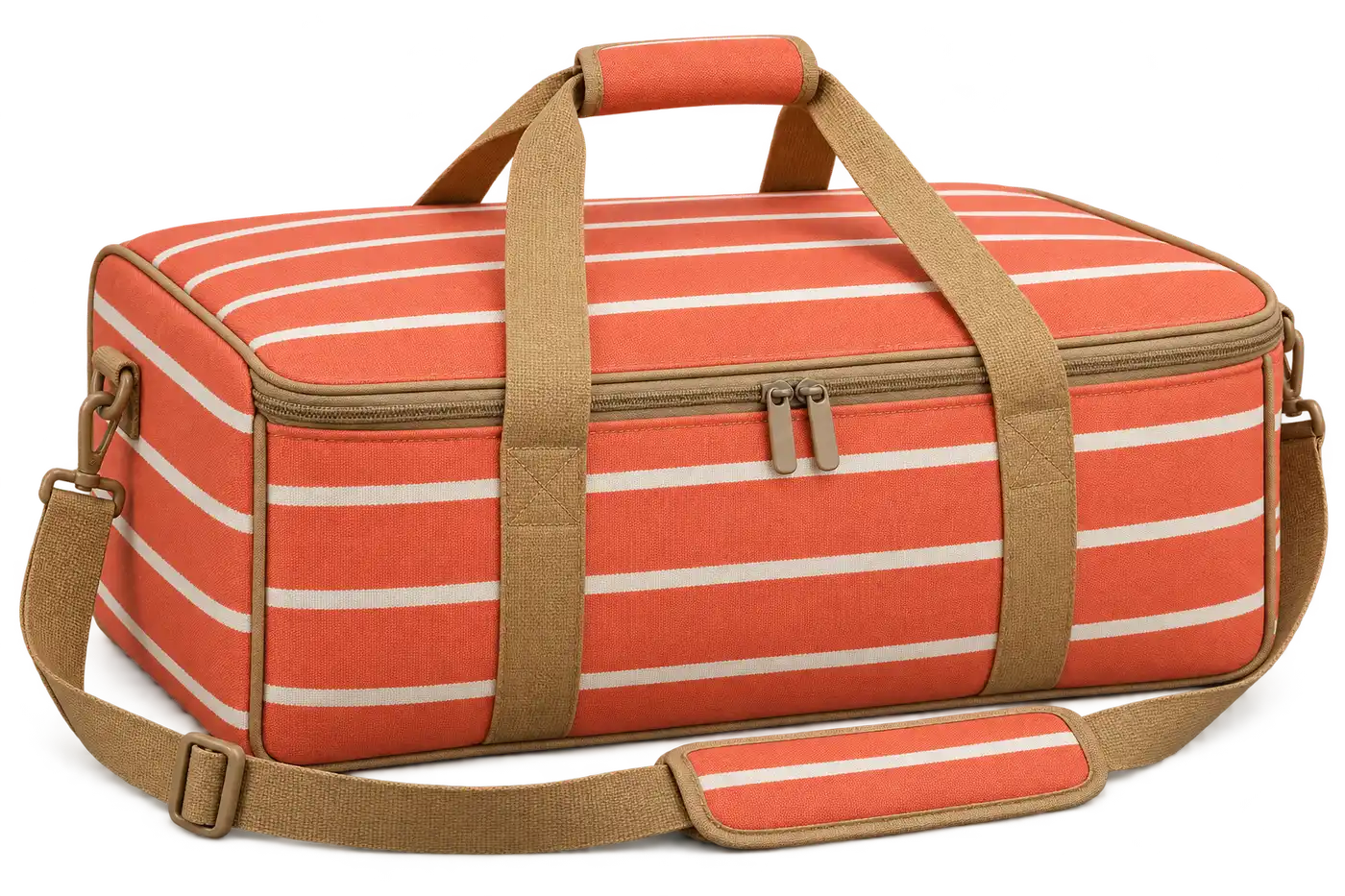 Coral Orange With Narrow Ivory Stripes Solution-Dyed Polyester Thermal Pizza Delivery Bag — Camel tan
