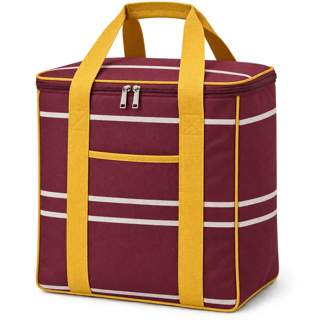 Burgundy With Narrow Ivory Stripes Solution-Dyed Polyester Thermal Cooler Bag — Golden yellow