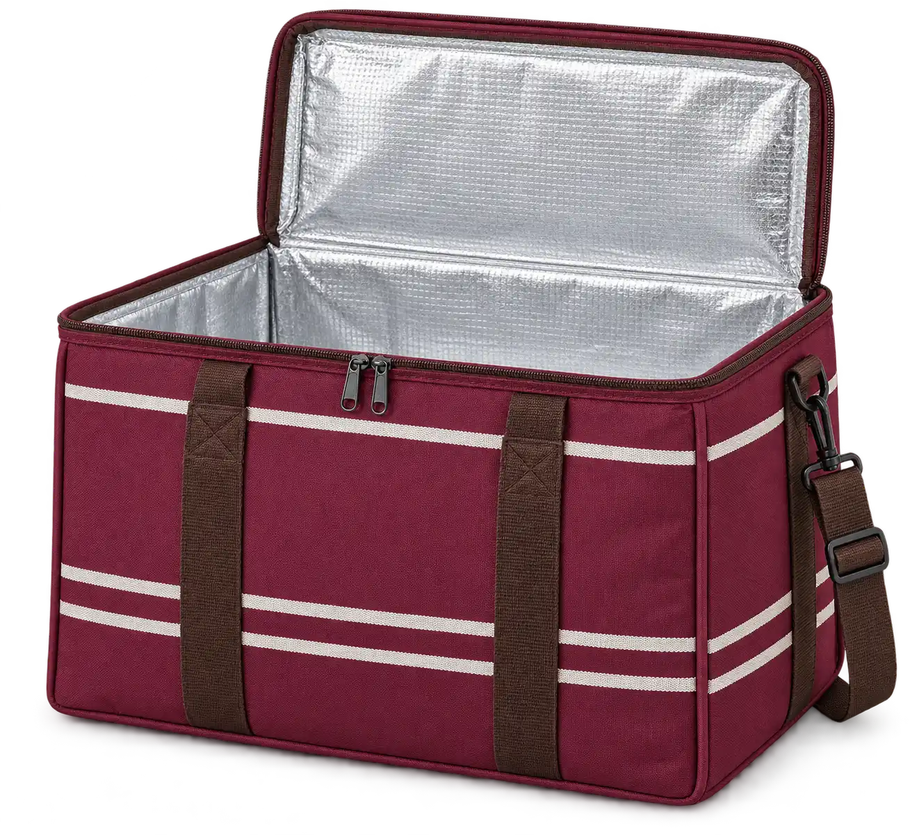Burgundy With Narrow Ivory Stripes Solution-Dyed Polyester Thermal Food Delivery Bag — Chocolate brown