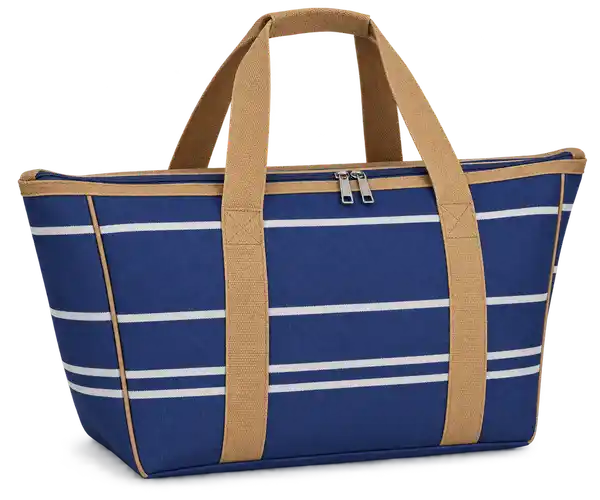 Navy With Grouped Thin Ivory Stripes Solution-Dyed Polyester Thermal Cooler Bag