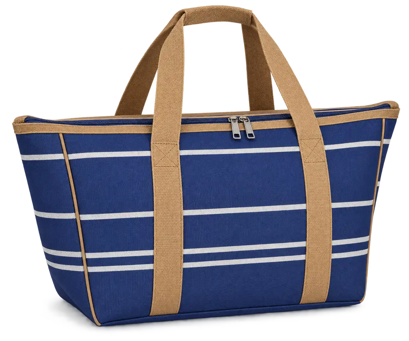 Navy With Grouped Thin Ivory Stripes Solution-Dyed Polyester Thermal Cooler Bag — Camel tan