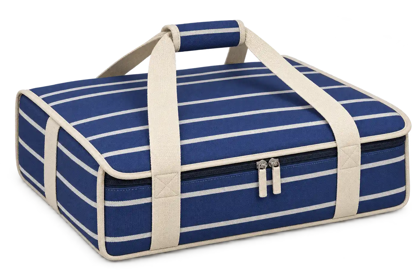 Navy With Grouped Thin Ivory Stripes Solution-Dyed Polyester Thermal Pizza Delivery Bag — Cream