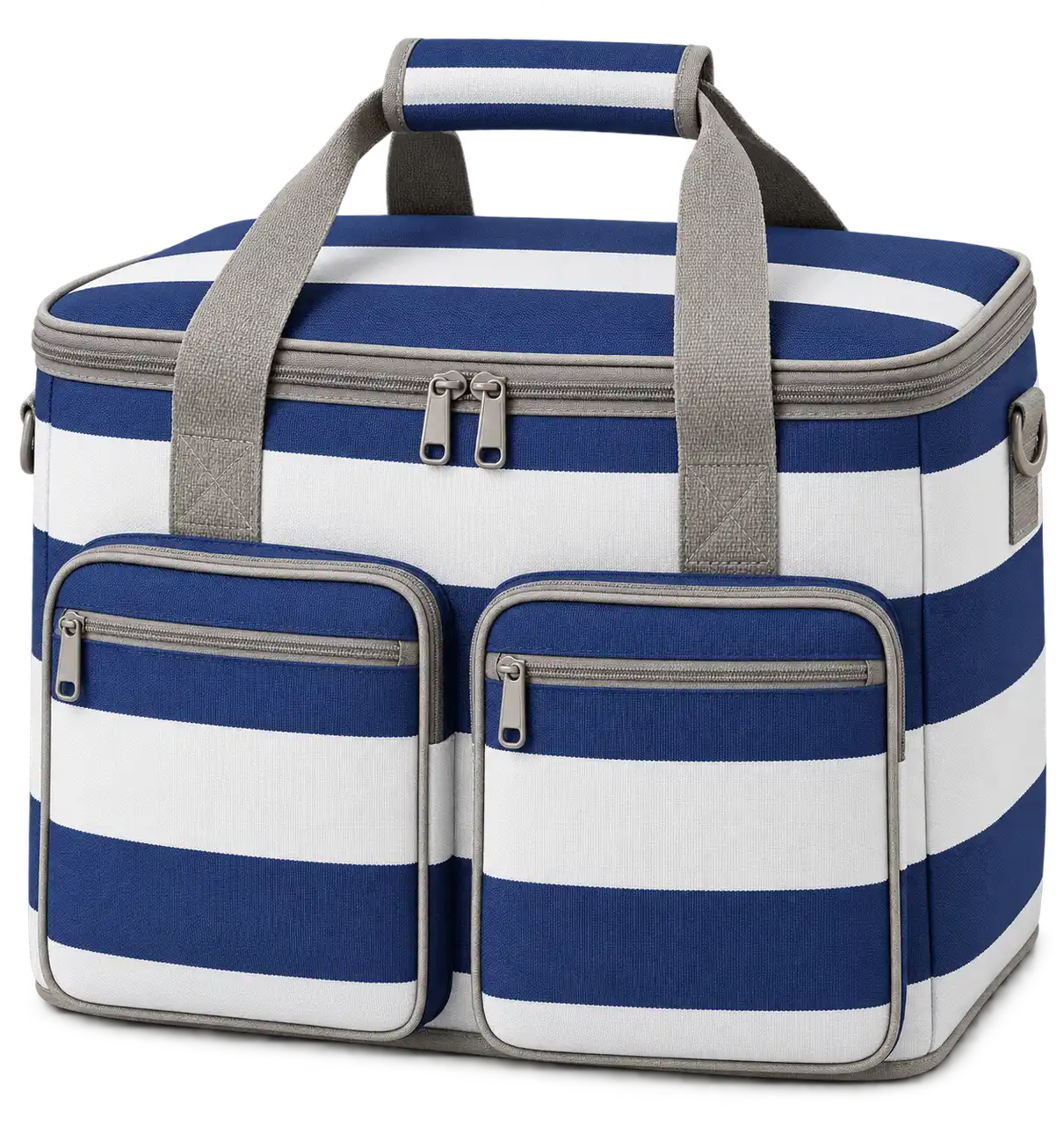 Navy And White Broad Stripes Solution-Dyed Polyester Thermal Cooler Bag — Warm grey