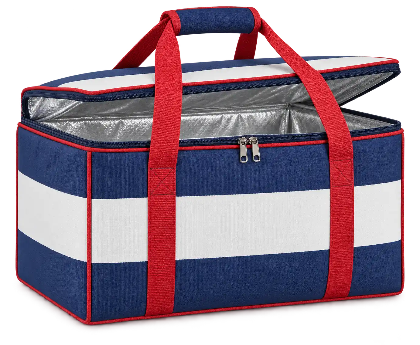 Navy And White Broad Stripes Solution-Dyed Polyester Thermal Food Delivery Bag — Red