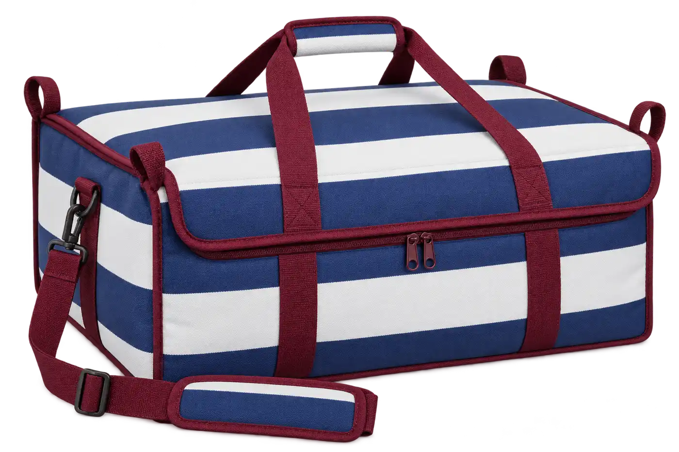 Navy And White Broad Stripes Solution-Dyed Polyester Thermal Pizza Delivery Bag — Burgundy