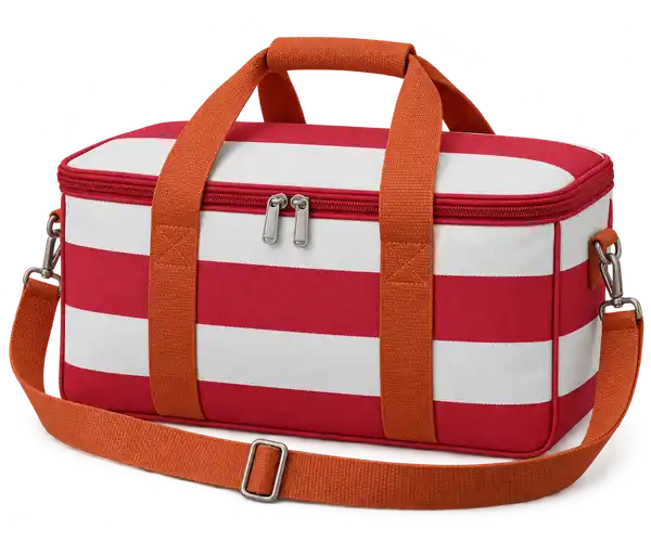 Red And White Broad Stripes Solution-Dyed Polyester Thermal Cooler Bag