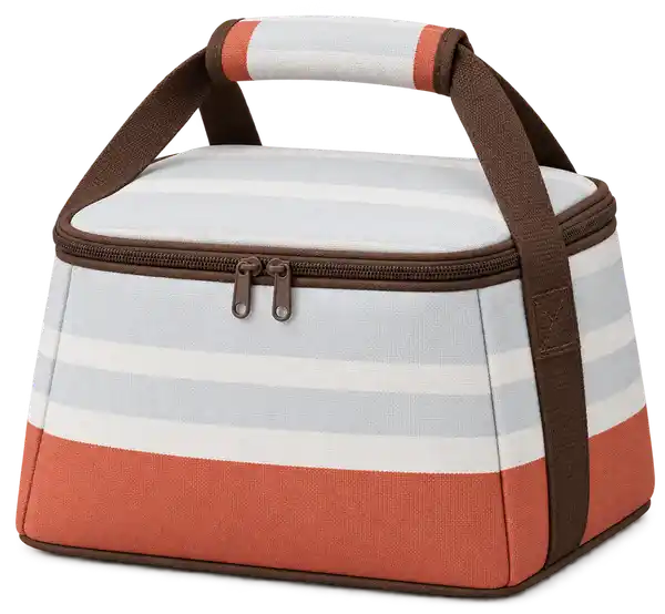 Terracotta White And Pale Grey Broad Stripes Solution-Dyed Polyester Thermal Cooler Bag