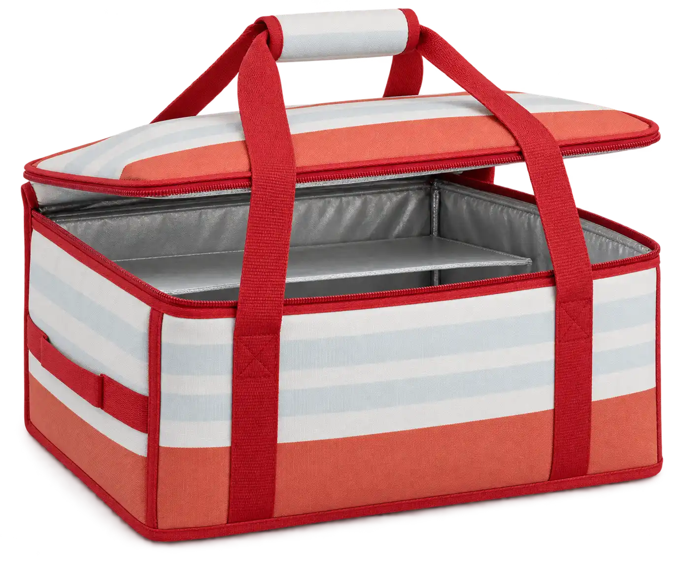 Terracotta White And Pale Grey Broad Stripes Solution-Dyed Polyester Thermal Pizza Delivery Bag — Red