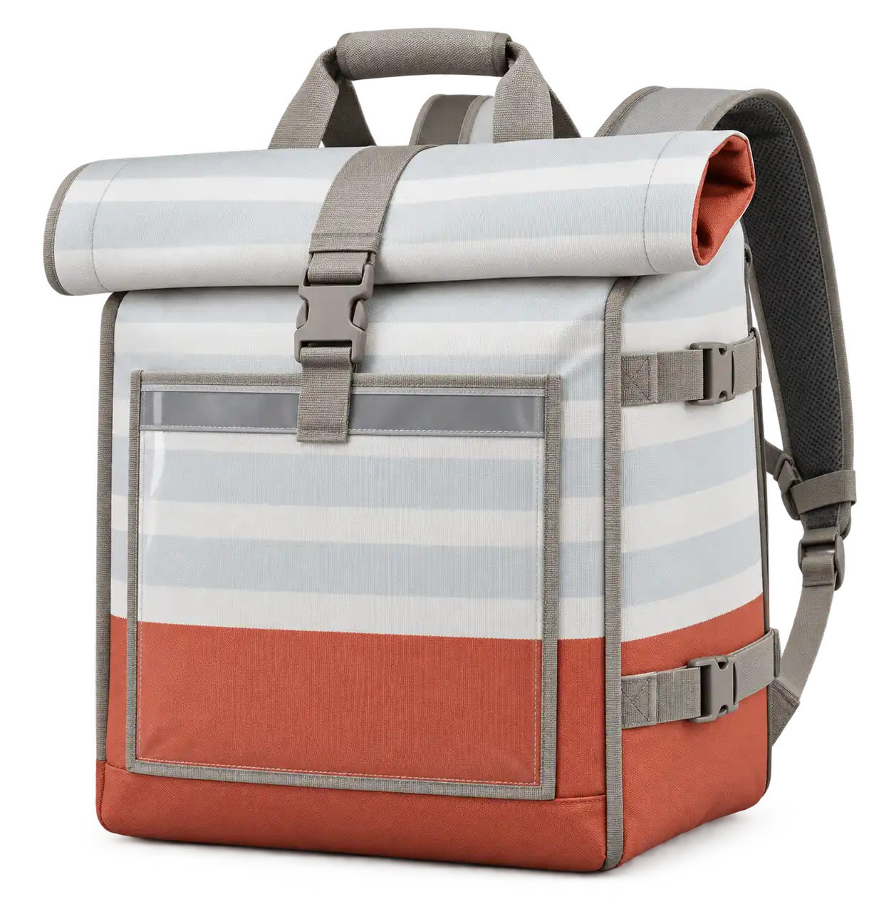 Terracotta White And Pale Grey Broad Stripes Solution-Dyed Polyester Insulated Rider Delivery Bag — Warm grey