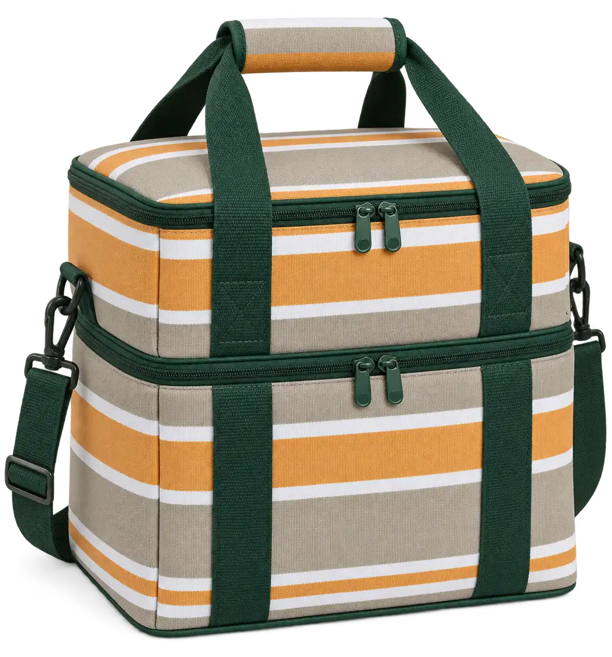Taupe Gold And White Mixed Stripes Solution-Dyed Polyester Thermal Food Delivery Bag — Forest green