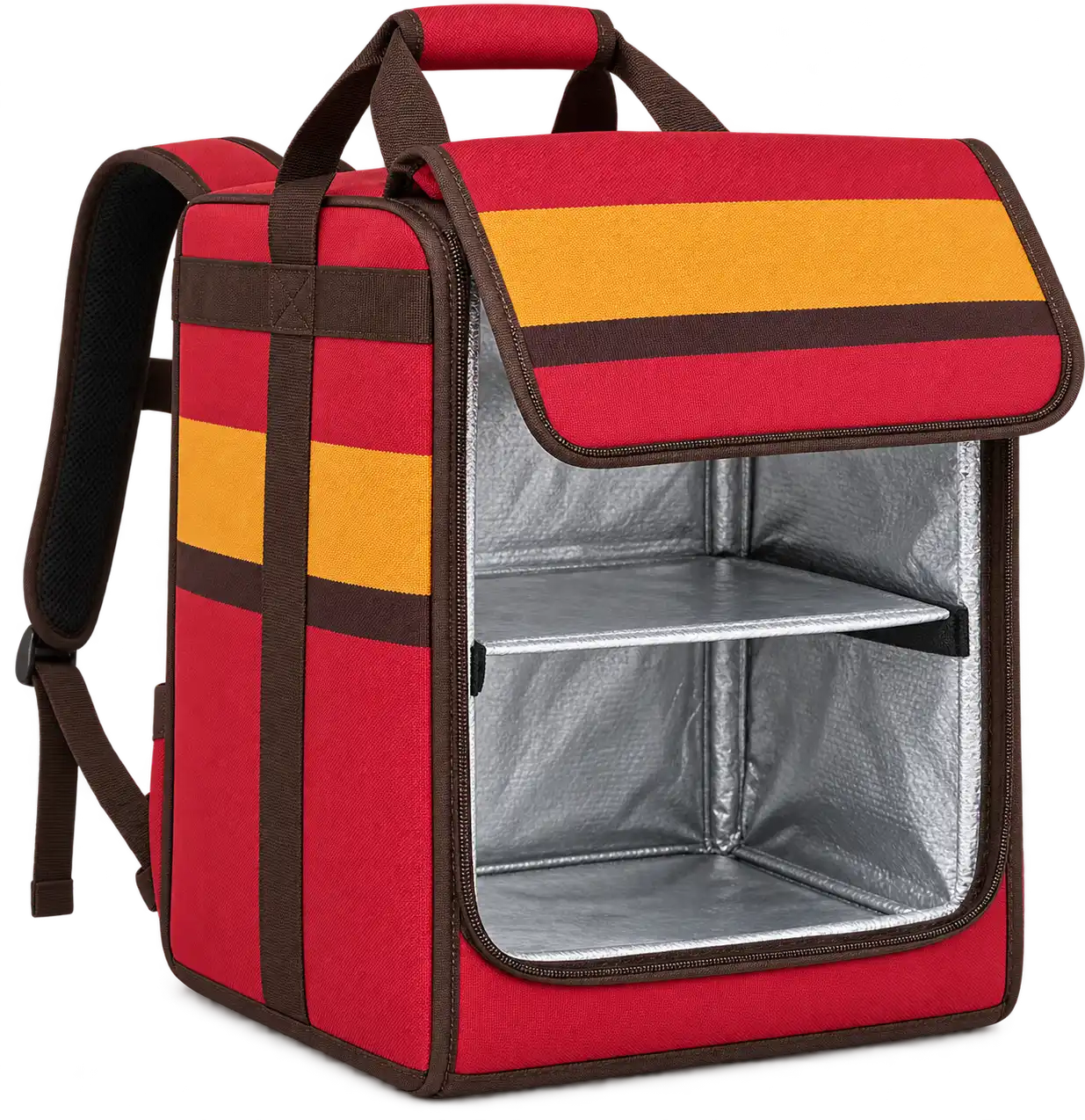 Red Yellow And Dark Narrow Stripe Bands Solution-Dyed Polyester Insulated Rider Delivery Bag — Chocolate brown