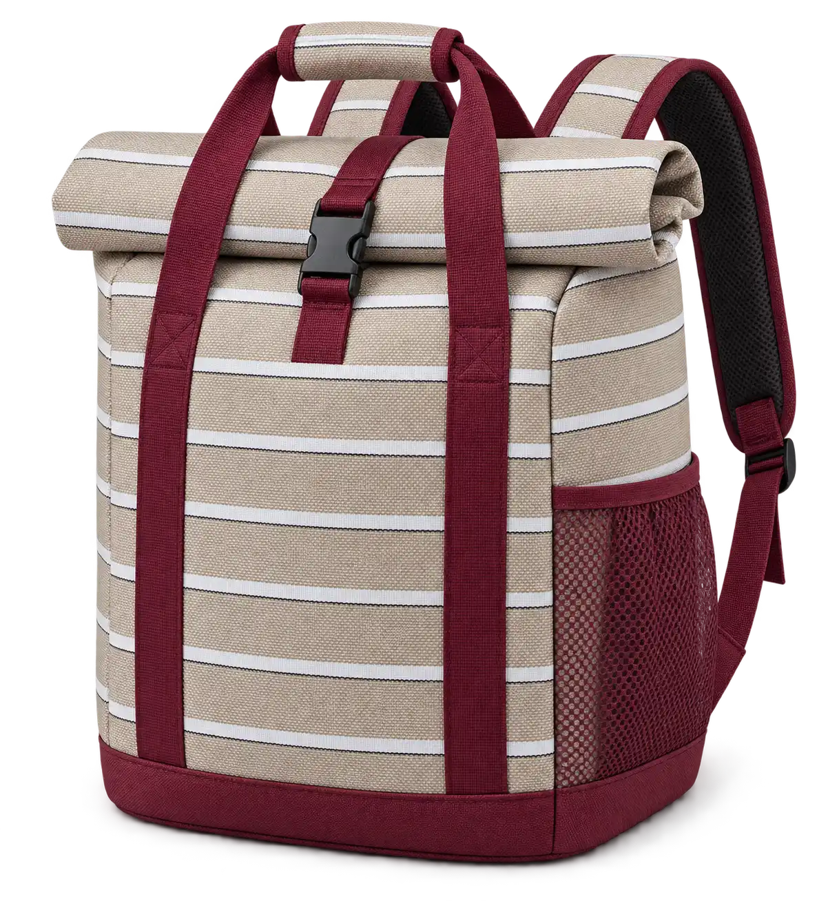 Taupe Beige And White Narrow Stripes Solution-Dyed Polyester Thermal Cooler Bag — Burgundy
