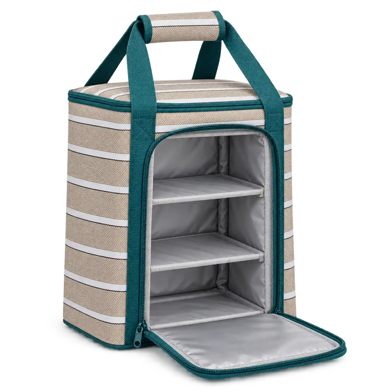 Taupe Beige And White Narrow Stripes Solution-Dyed Polyester Thermal Food Delivery Bag — Teal