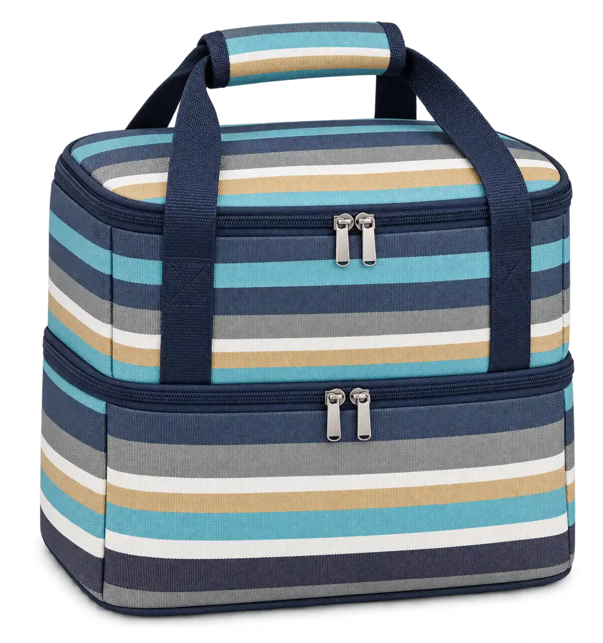 Charcoal Aqua White And Ochre Mixed Stripes Solution-Dyed Polyester Thermal Cooler Bag — Navy blue