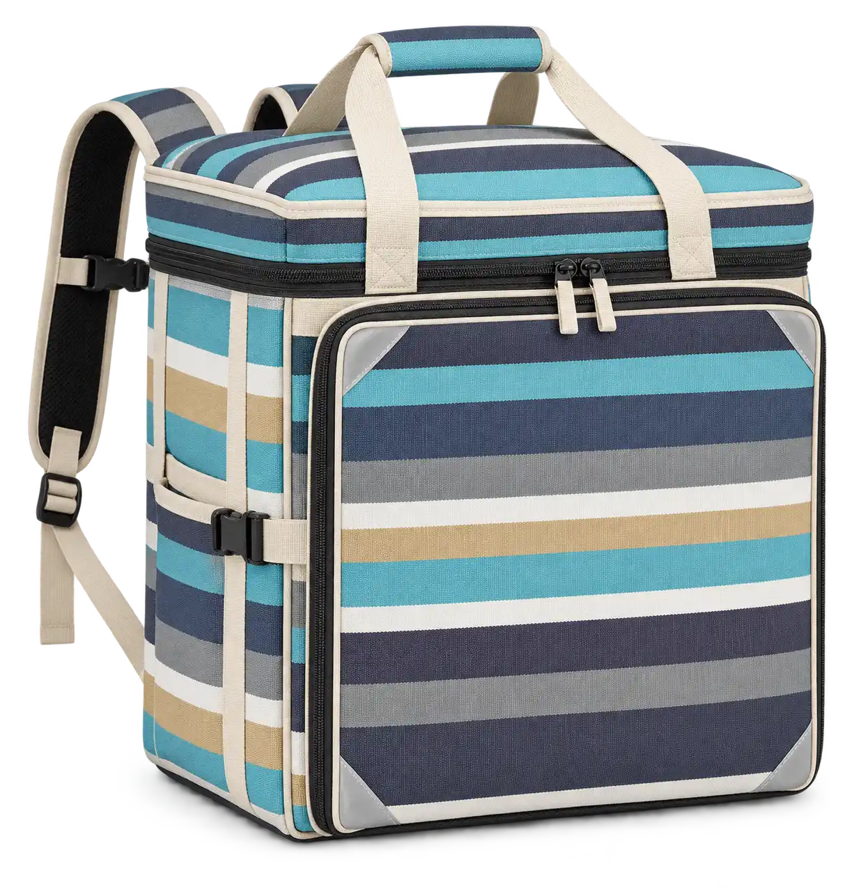 Charcoal Aqua White And Ochre Mixed Stripes Solution-Dyed Polyester Insulated Rider Delivery Bag — Cream