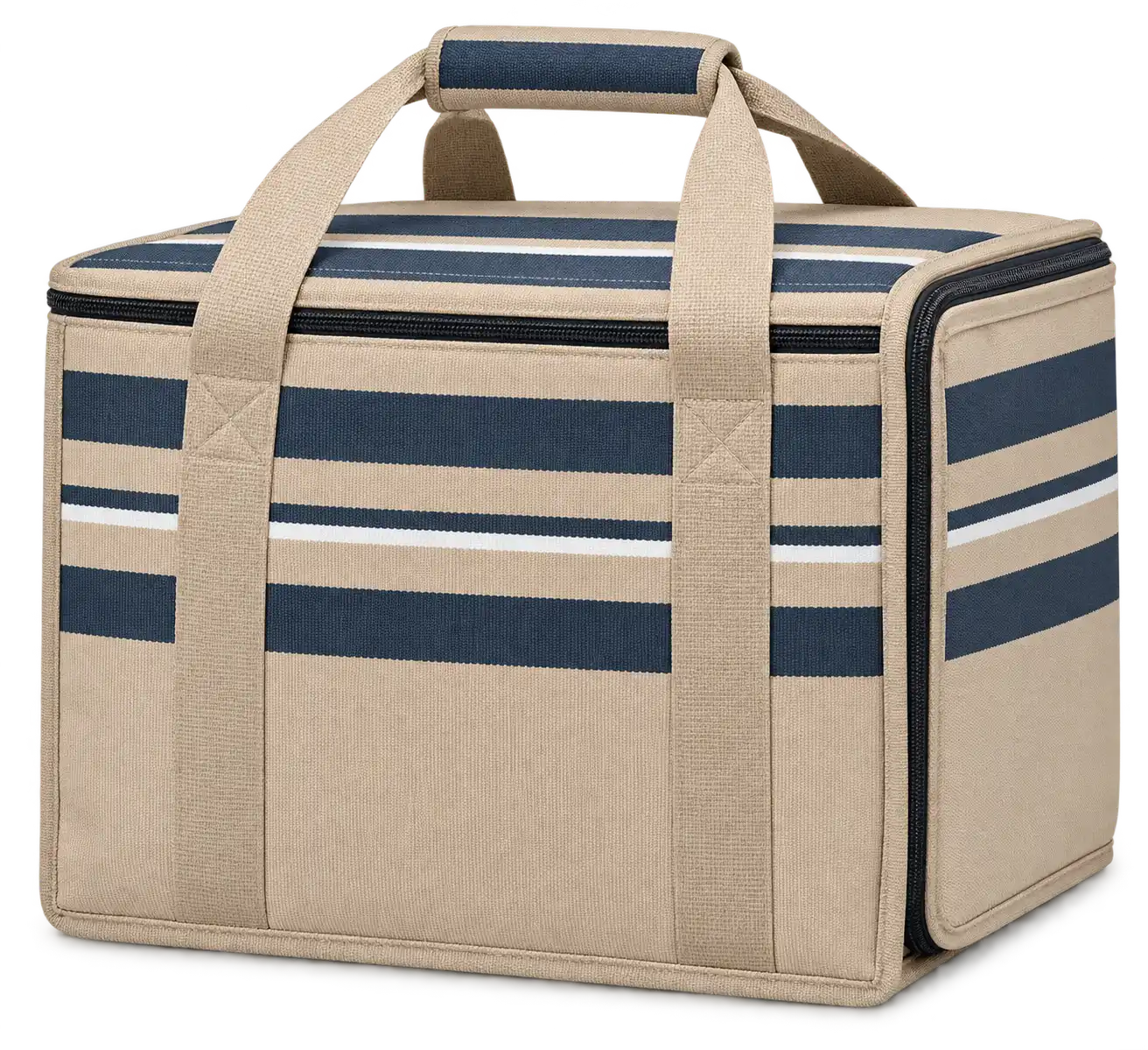 Sand Beige Navy And White Mixed Stripes Solution-Dyed Polyester Thermal Food Delivery Bag — Sand beige