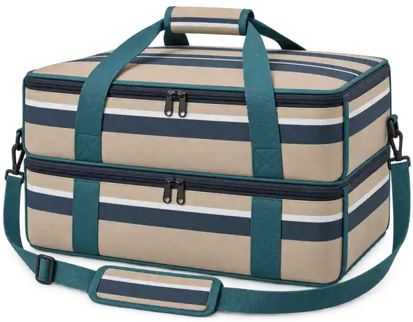 Sand Beige Navy And White Mixed Stripes Solution-Dyed Polyester Thermal Pizza Delivery Bag