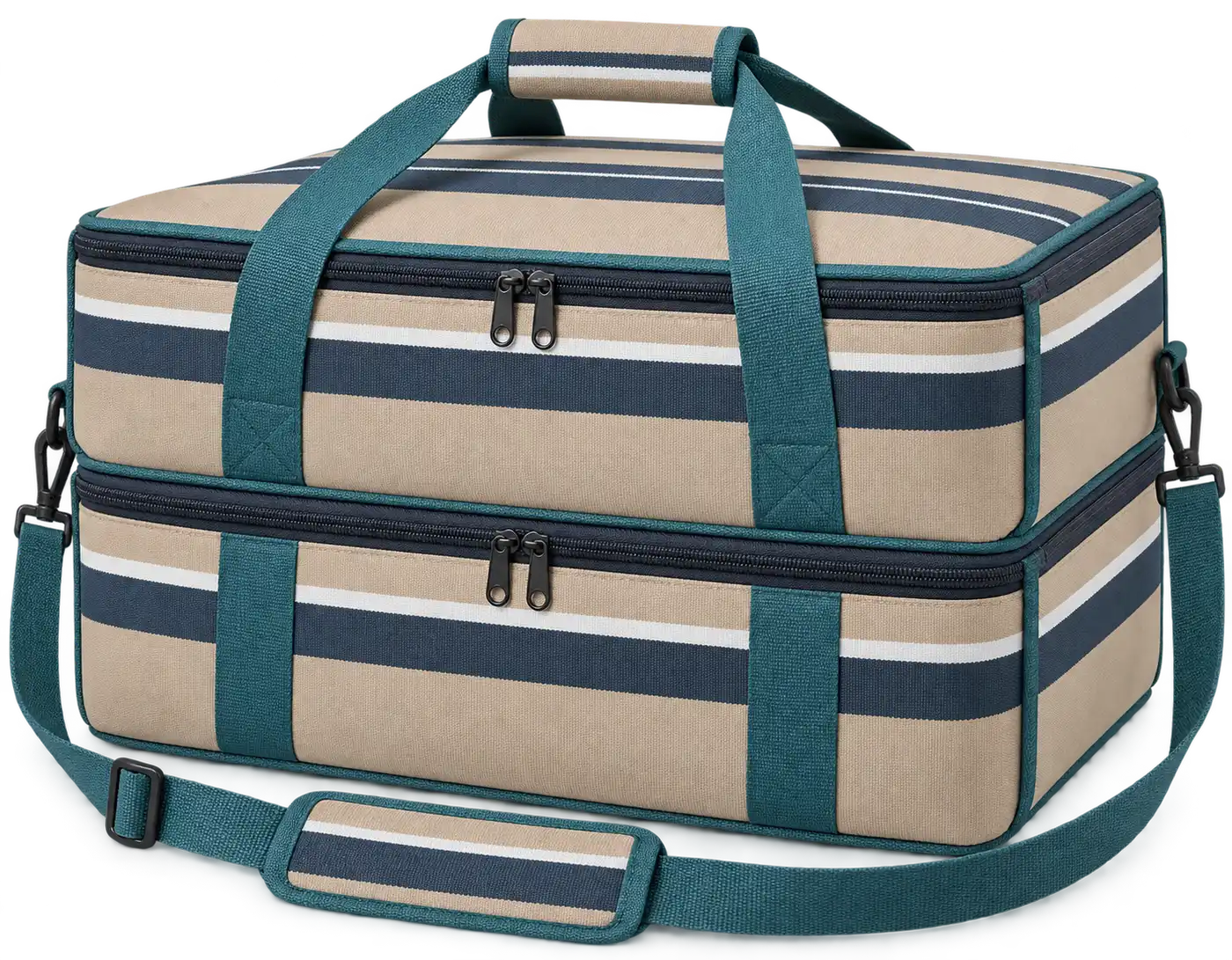 Sand Beige Navy And White Mixed Stripes Solution-Dyed Polyester Thermal Pizza Delivery Bag — Teal