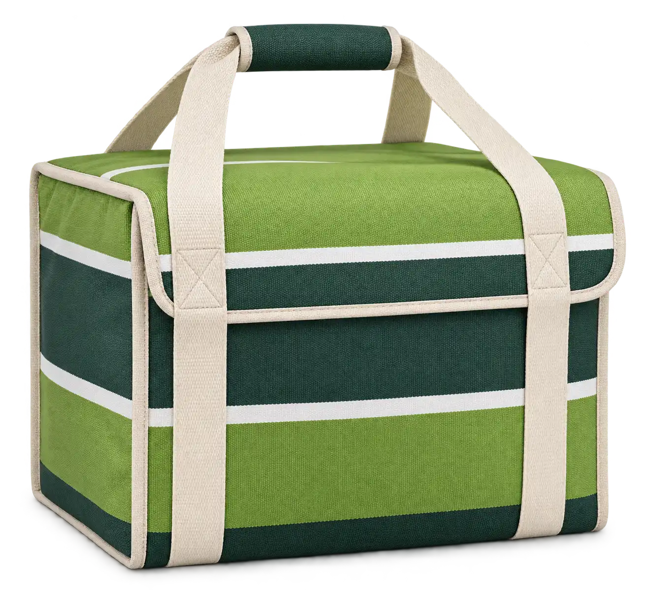 Forest Green Lime And White Broad Stripes Solution-Dyed Polyester Thermal Burger Delivery Bag — Cream