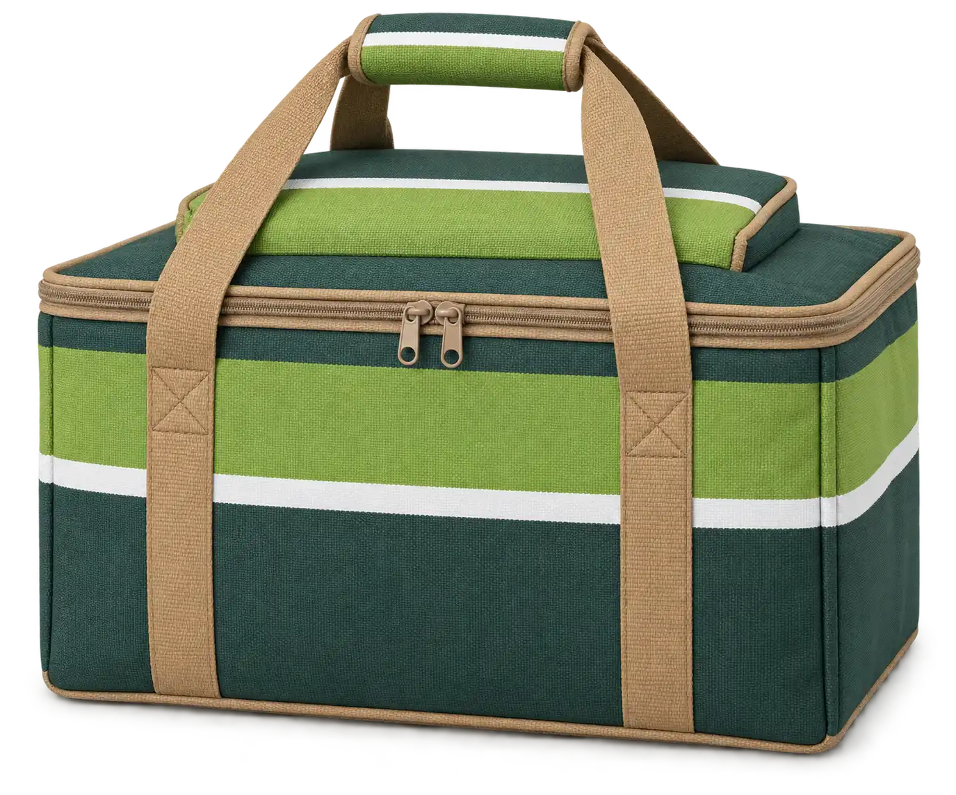 Forest Green Lime And White Broad Stripes Solution-Dyed Polyester Thermal Food Delivery Bag — Camel tan