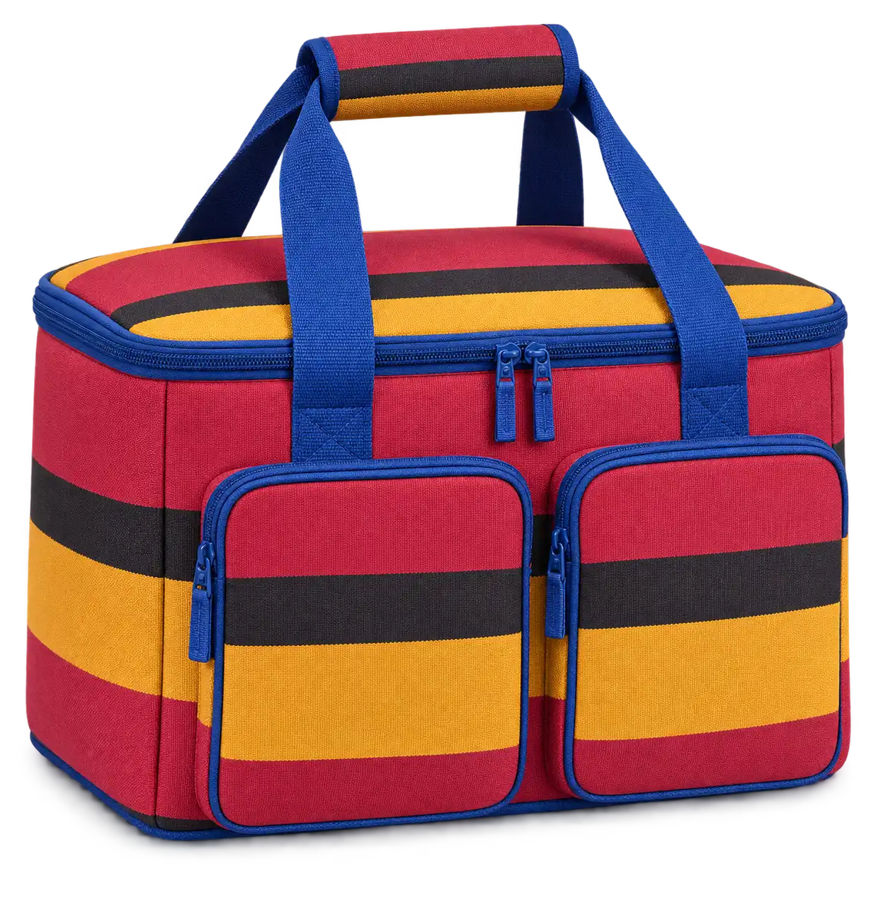 Red Gold And Black Broad Stripe Bands Solution-Dyed Polyester Thermal Cooler Bag — Cobalt blue