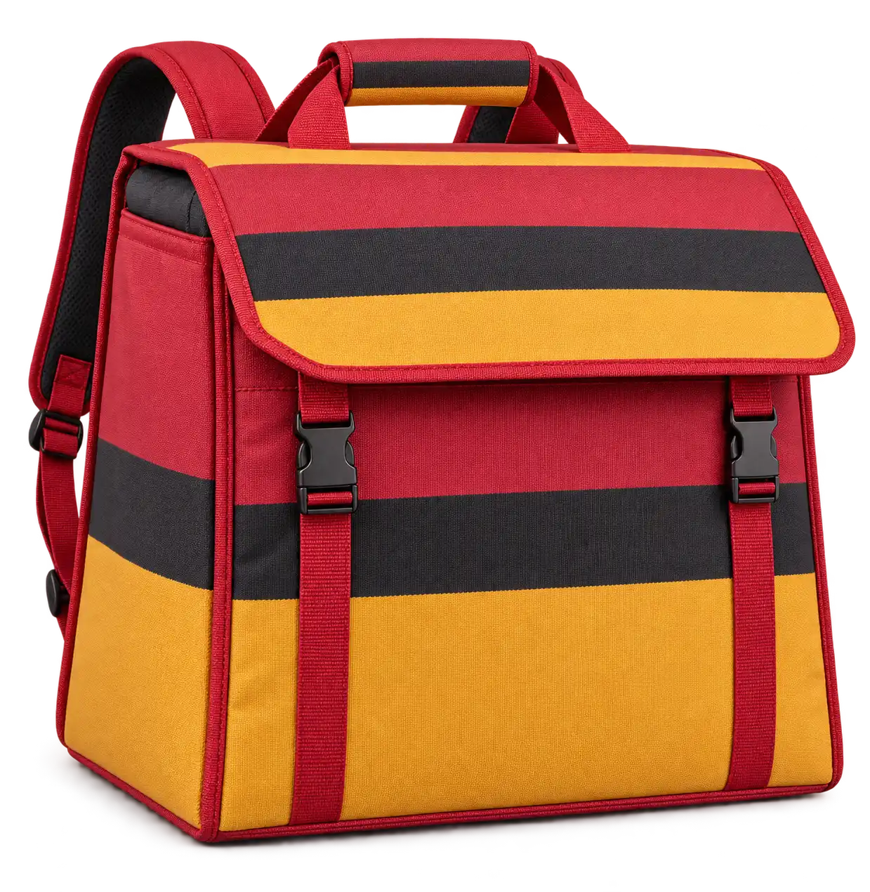 Red Gold And Black Broad Stripe Bands Solution-Dyed Polyester Insulated Rider Delivery Bag — Red