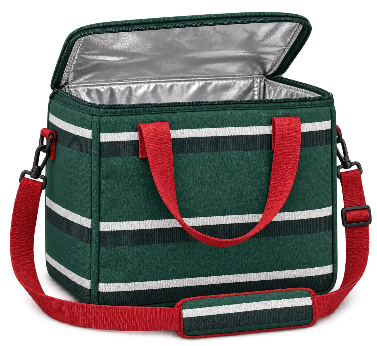Forest Green And White Stripes Solution-Dyed Polyester Thermal Burger Delivery Bag — Red