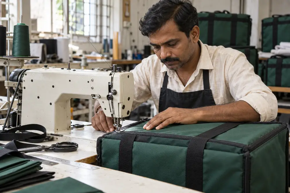 Tailor stitching a green Oxford thermal bag panel on an industrial sewing machine